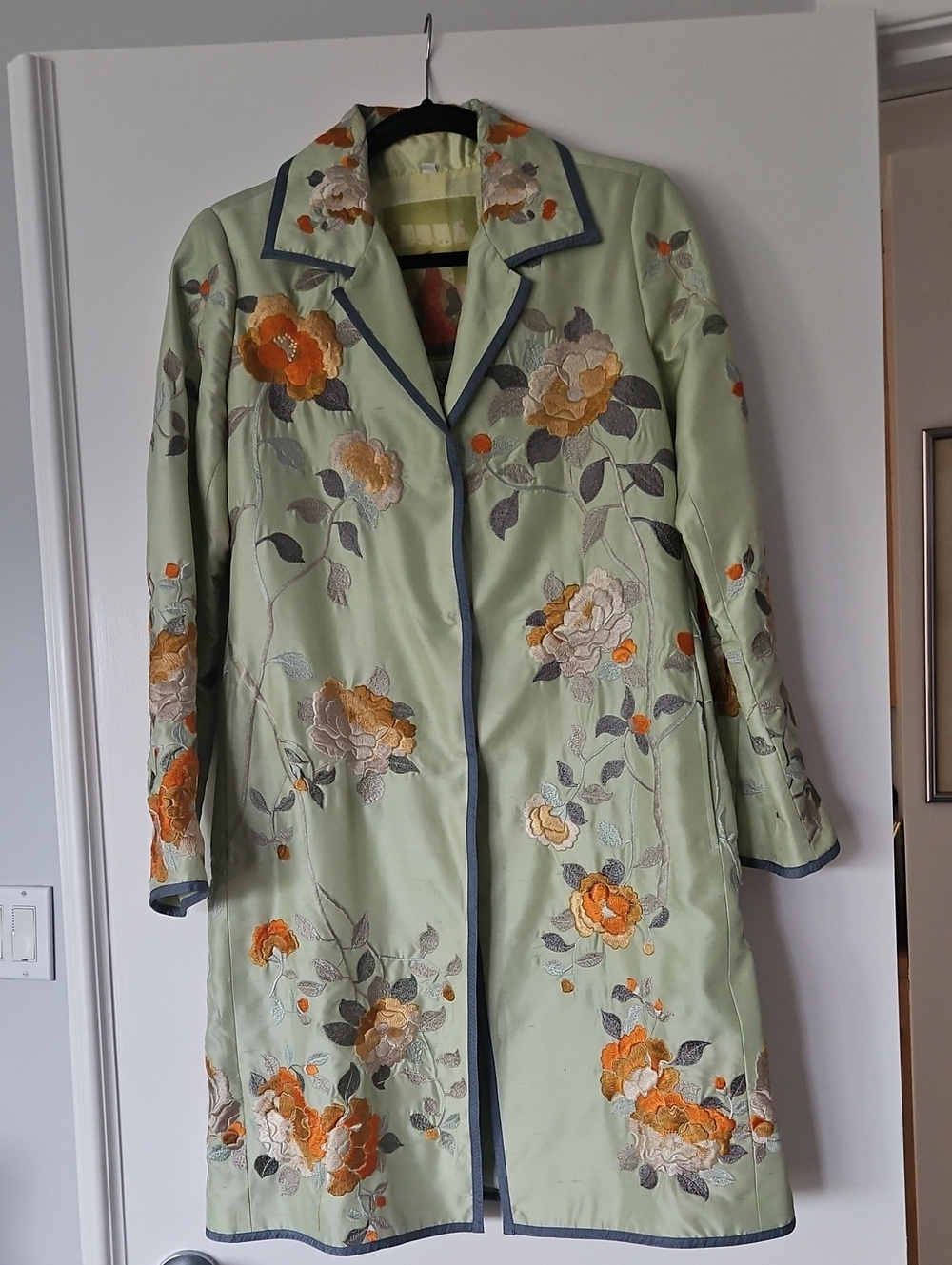 Embroidered Light Green Floral Trench Coat